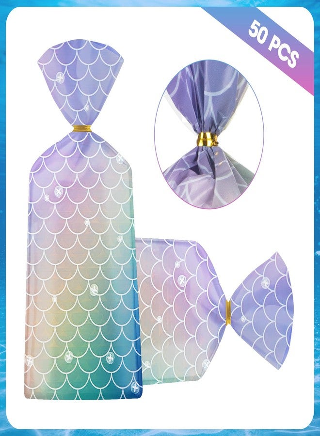 Litmitfu 50 Pack Mermaid Goodie Bags - Ocean Mermaids Party Favor Bags, Little Mermaid Cello Cellophane Gift Candy Treat Bag with 50Pcs Twist Ties for Kids Girls Mermaids Themed Birthday Party Supplies Favors - Image 3